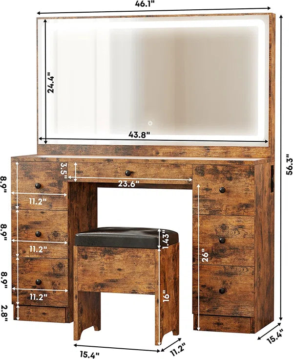 Makeup Vanity Desk with LED Lighted Mirror & Power Outlet & 7 Drawers