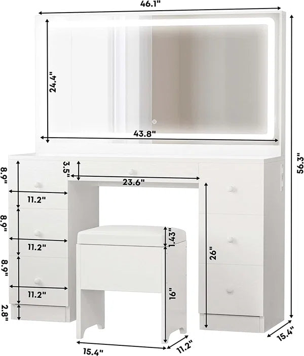 Makeup Vanity Desk with LED Lighted Mirror & Power Outlet & 7 Drawers